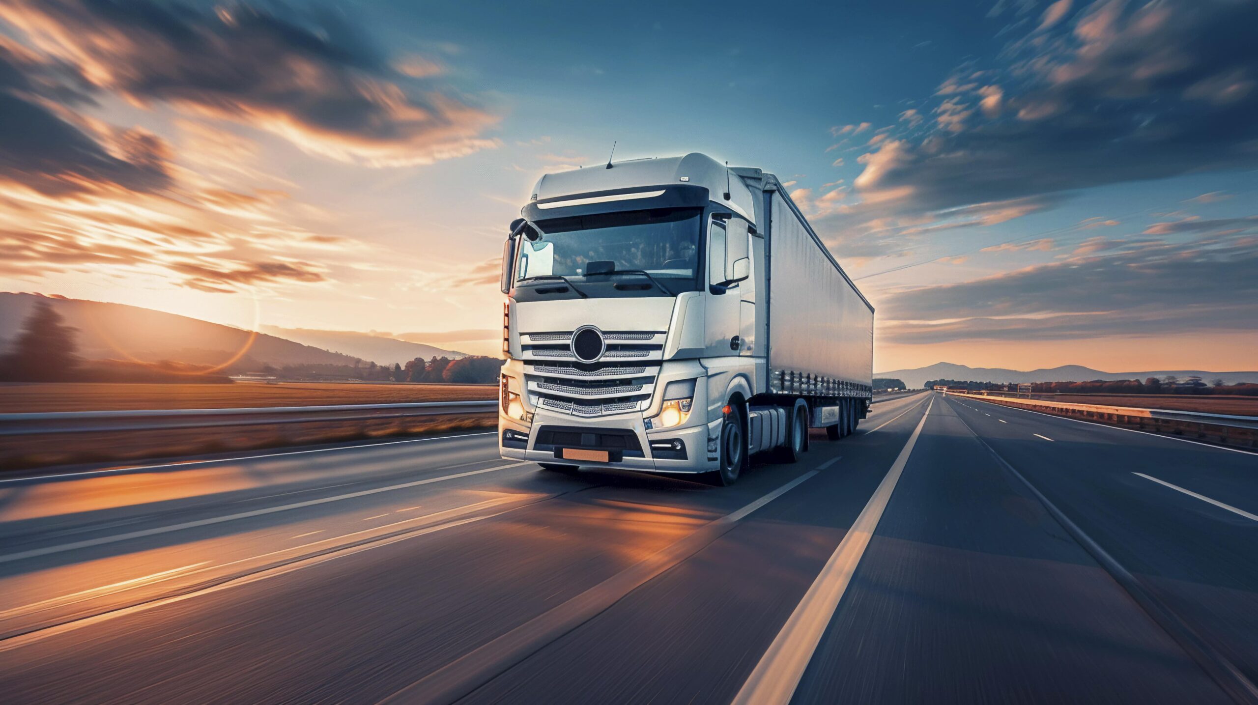Caminhão em movimento em rodovia ao entardecer, representando o transporte rodoviário nacional e internacional com excelência da Pellenz.
