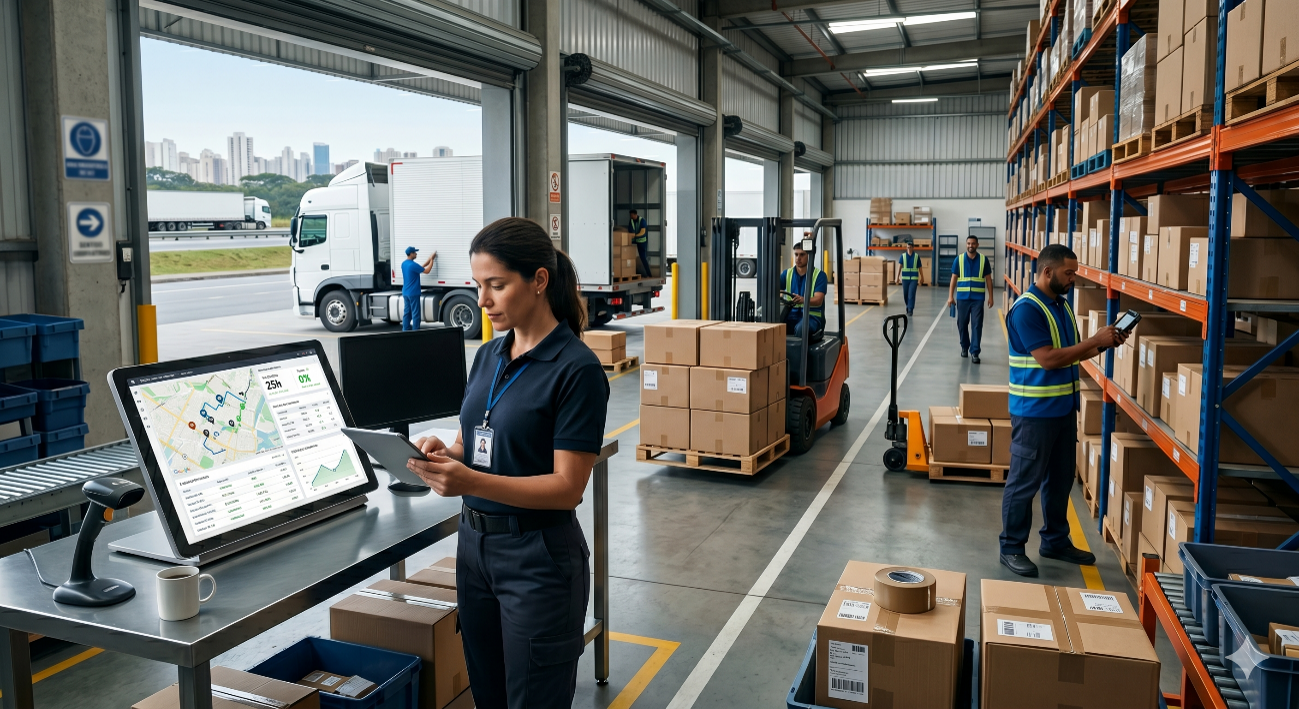 Profissional de logística monitorando painel digital de supply chain e frota em tempo real, representando tecnologia e inovação na logística moderna.